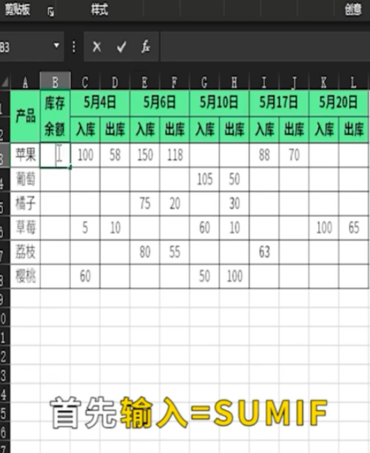 excel中sumif函數自動計算庫存余額教程分享