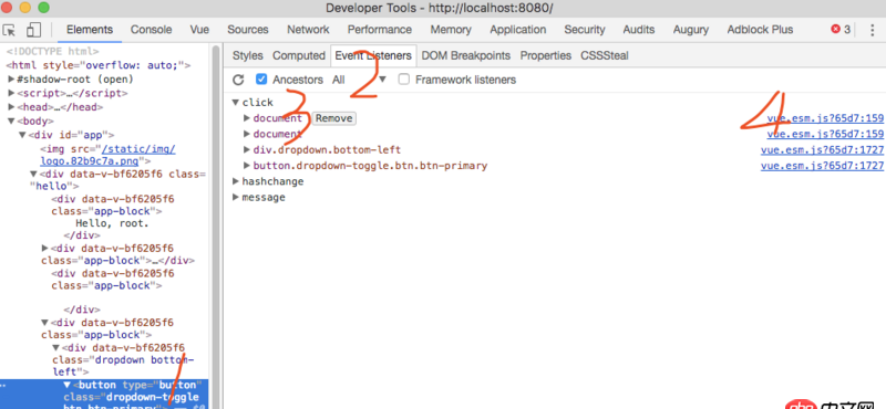 javascript - 如何在瀏覽器如chrome中審查元素時查看某個元素綁定的Vue方法？